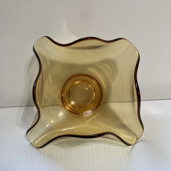 Vintage MCM Amber Handkerchief Ruffled Pinched Art Glass Bowl, Mid Century - Picture 6 of 11